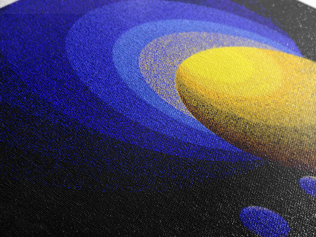 Blue Yellow Planet Spheres Wall Art, Cosmic Abstract Canvas Print, Modern Digital Art, Space Decor For Office Or Game Room