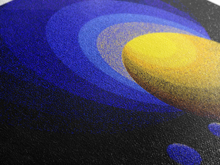 Blue Yellow Planet Spheres Wall Art, Cosmic Abstract Canvas Print, Modern Digital Art, Space Decor For Office Or Game Room