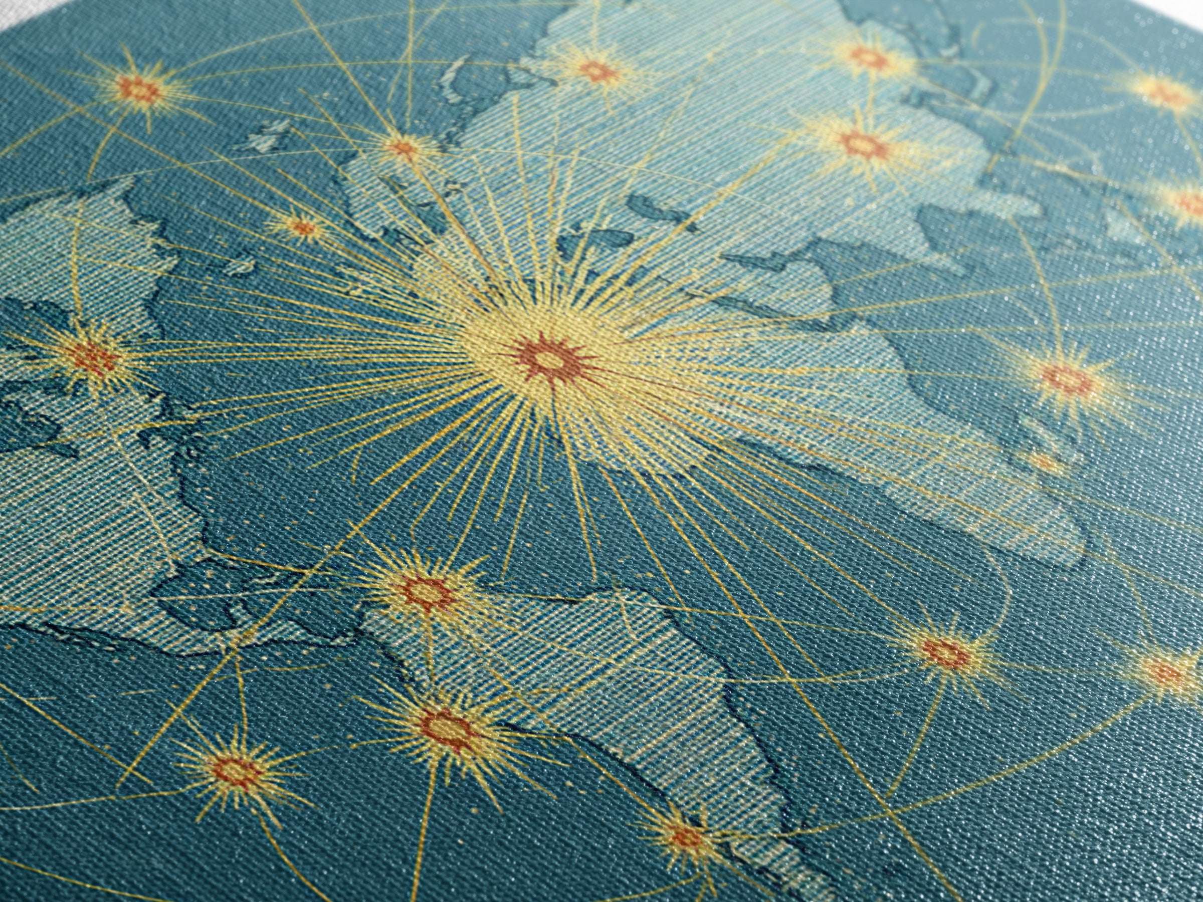Retro World Map With Golden Network Lines Wall Art, Midcentury Modern Travel Poster, Atomic Office Decor For Global Home