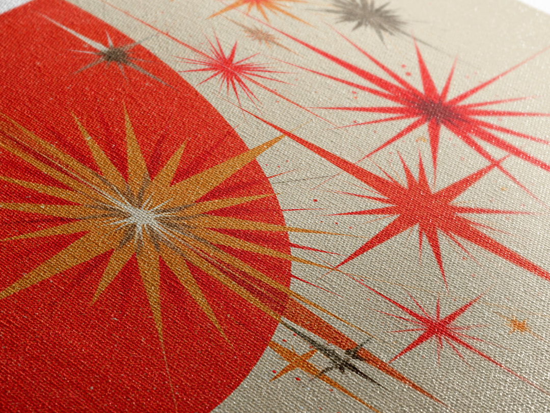 Red Orange Starbursts And Circle Wall Art, Midcentury Modern Abstract Art Print, Atomic Retro Poster, Minimal Home Decor