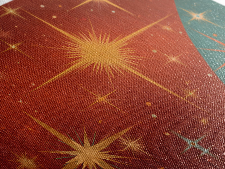 Red Teal Atomic Starburst Wall Art, Midcentury Modern Art Print, Retro Space Abstract, Warm MCM Living Room Statement Home Decor