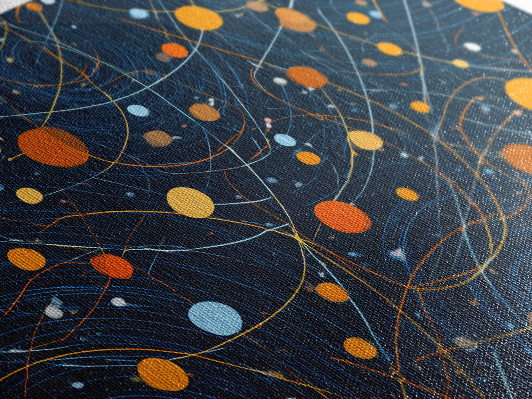 Dark Blue Orange Orbital Wall Art, Midcentury Modern Atomic Abstract Print, Cosmic Geometric Decor, MCM Retro Space Poster