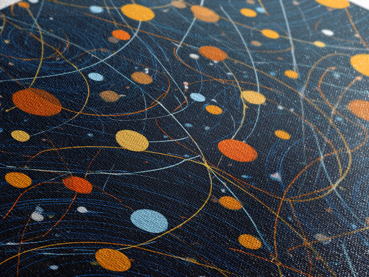 Dark Blue Orange Orbital Wall Art, Midcentury Modern Atomic Abstract Print, Cosmic Geometric Decor, MCM Retro Space Poster