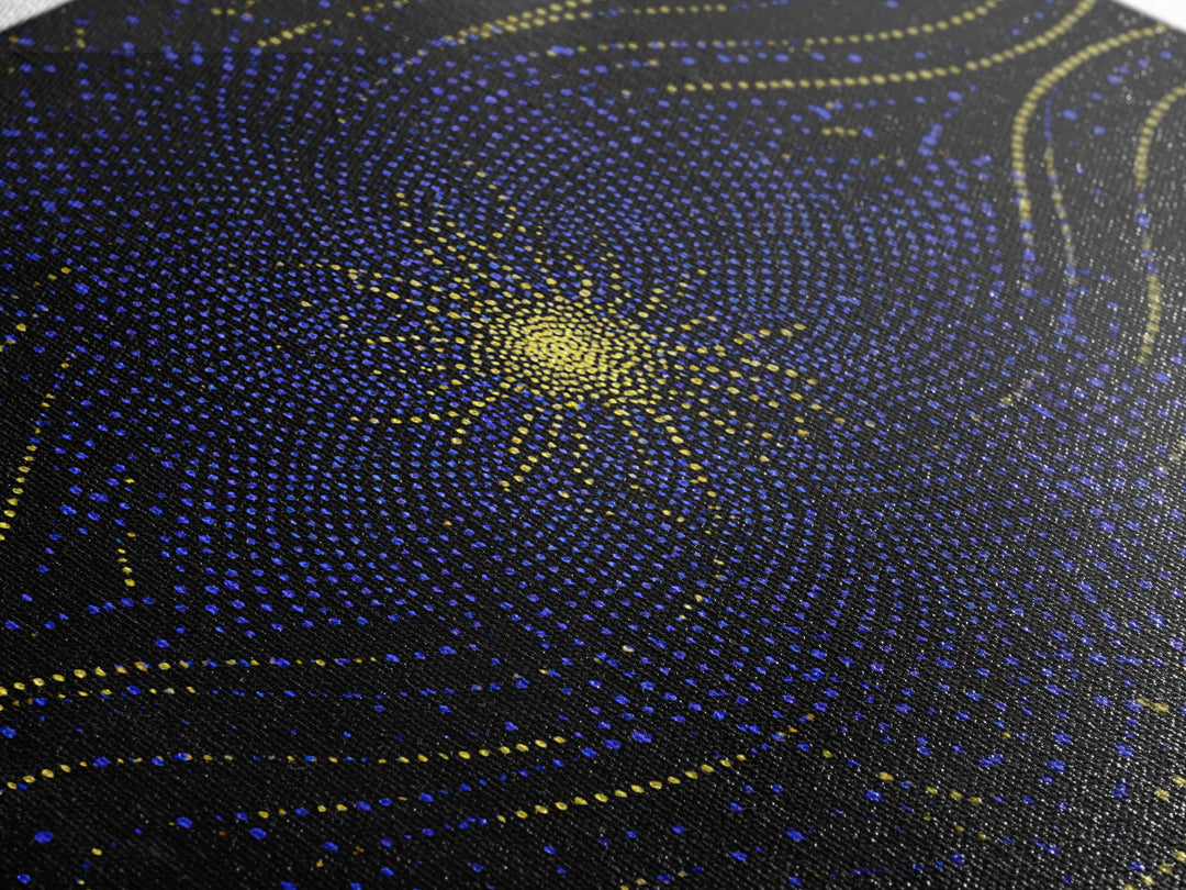 Blue Yellow Dotted Wave Canvas Print, Midcentury Modern Abstract Art, Optical Op Art Starburst, Cosmic Geometric Wall Decor