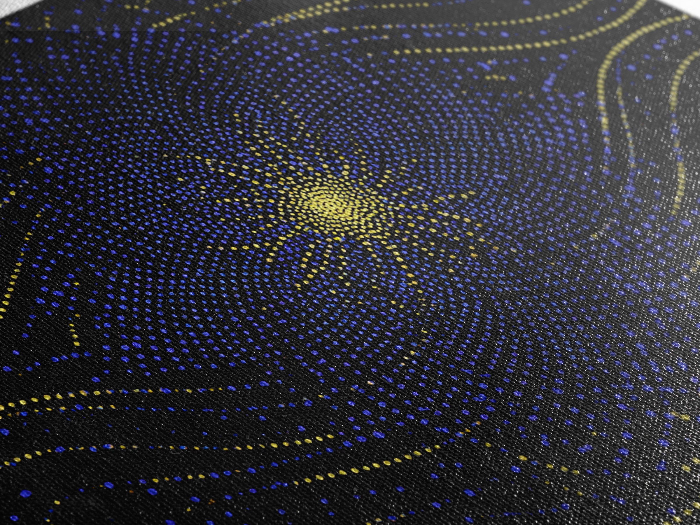 Blue Yellow Dotted Wave Canvas Print, Midcentury Modern Abstract Art, Optical Op Art Starburst, Cosmic Geometric Wall Decor