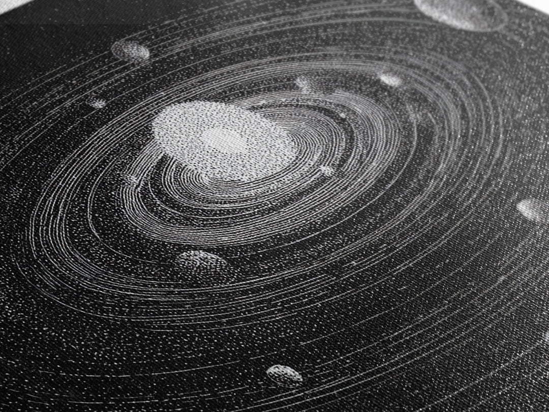 Black White Solar System Framed Canvas Print, Retro Sci Fi Wall Art, Midcentury Space Poster, Astronomy Office Decor Gift