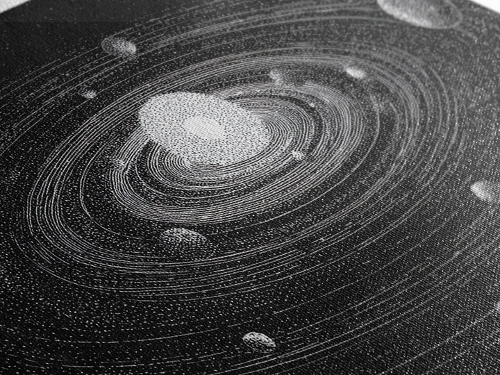 Black White Solar System Framed Canvas Print, Retro Sci Fi Wall Art, Midcentury Space Poster, Astronomy Office Decor Gift