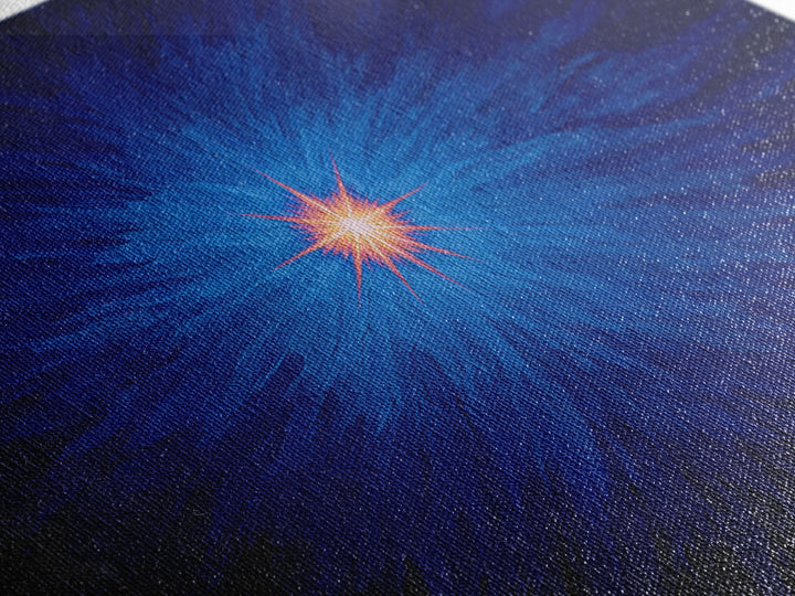 Electric Blue Cosmic Burst With Orange Star Center Canvas Print, Modern Abstract Art, Space Wall Decor For Bedroom And Office