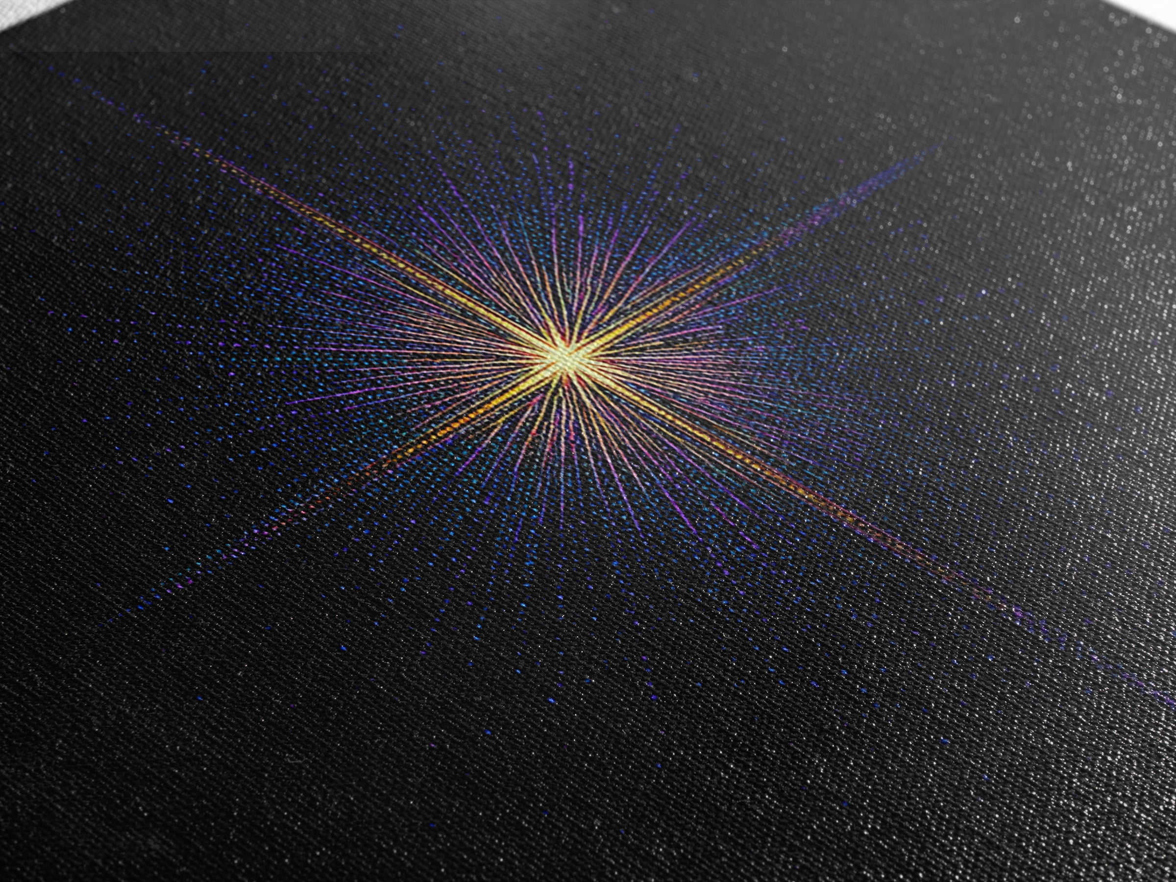 Neon Dotted Starburst On Black Space Wall Art, Retro Futuristic Digital Art Print, Modern Geometric Decor For Office And Studio