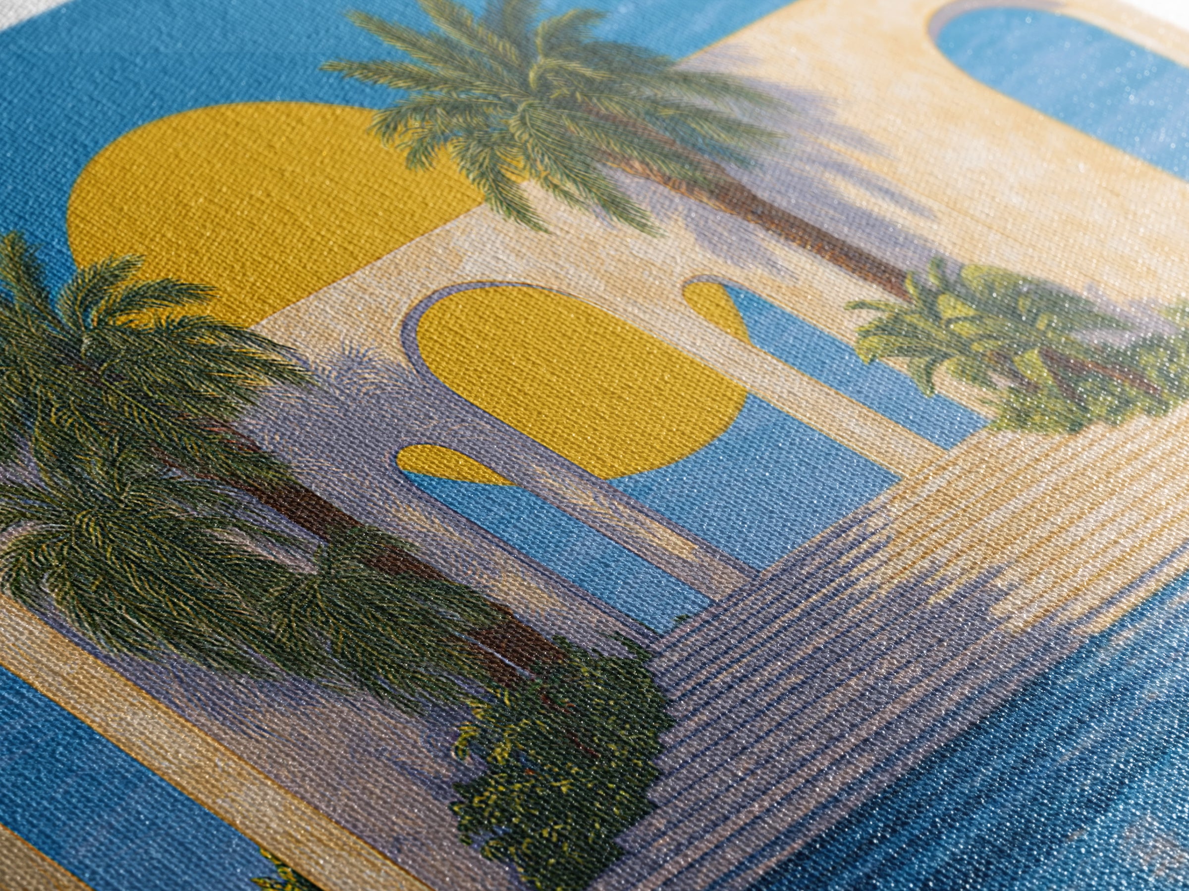 Tropical Palm Pool With Sunlit Arches Canvas Print, Palm Springs Wall Art, Midcentury Modern Decor For Beach House Patio