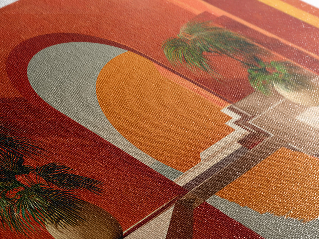 Terracotta Courtyard With Palms And Reflecting Pool Canvas Print, Modern Wall Art, Southwestern Decor For Living Room And Entry