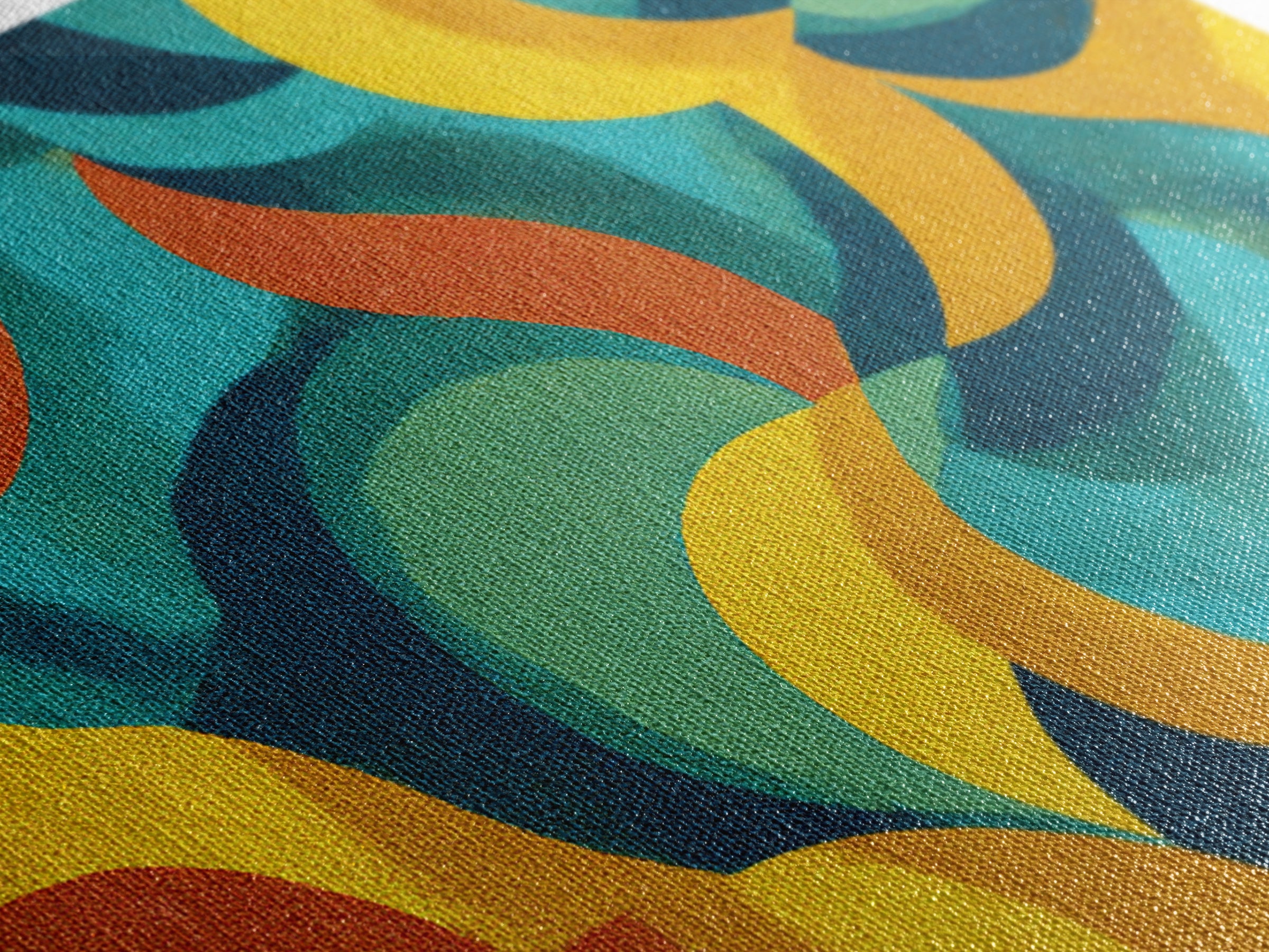 Teal Yellow Rust Crescent Shapes Framed Canvas Print, Midcentury Modern Art, Retro Geometric Wall Decor, Colorful Home Poster