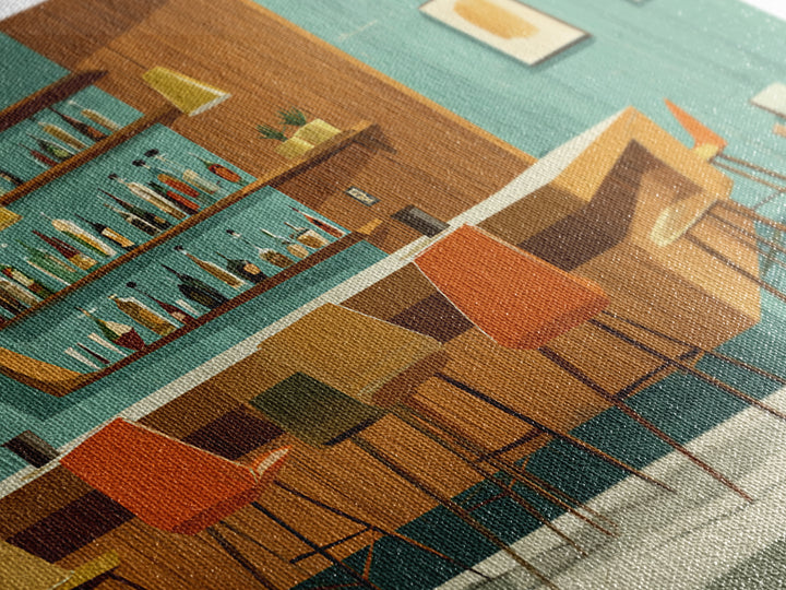 Wood And Teal Modernist Lounge Bar Wall Art, Midcentury Modern Canvas Print, Retro Cocktail Poster, Scandinavian Decor, MCM Decor