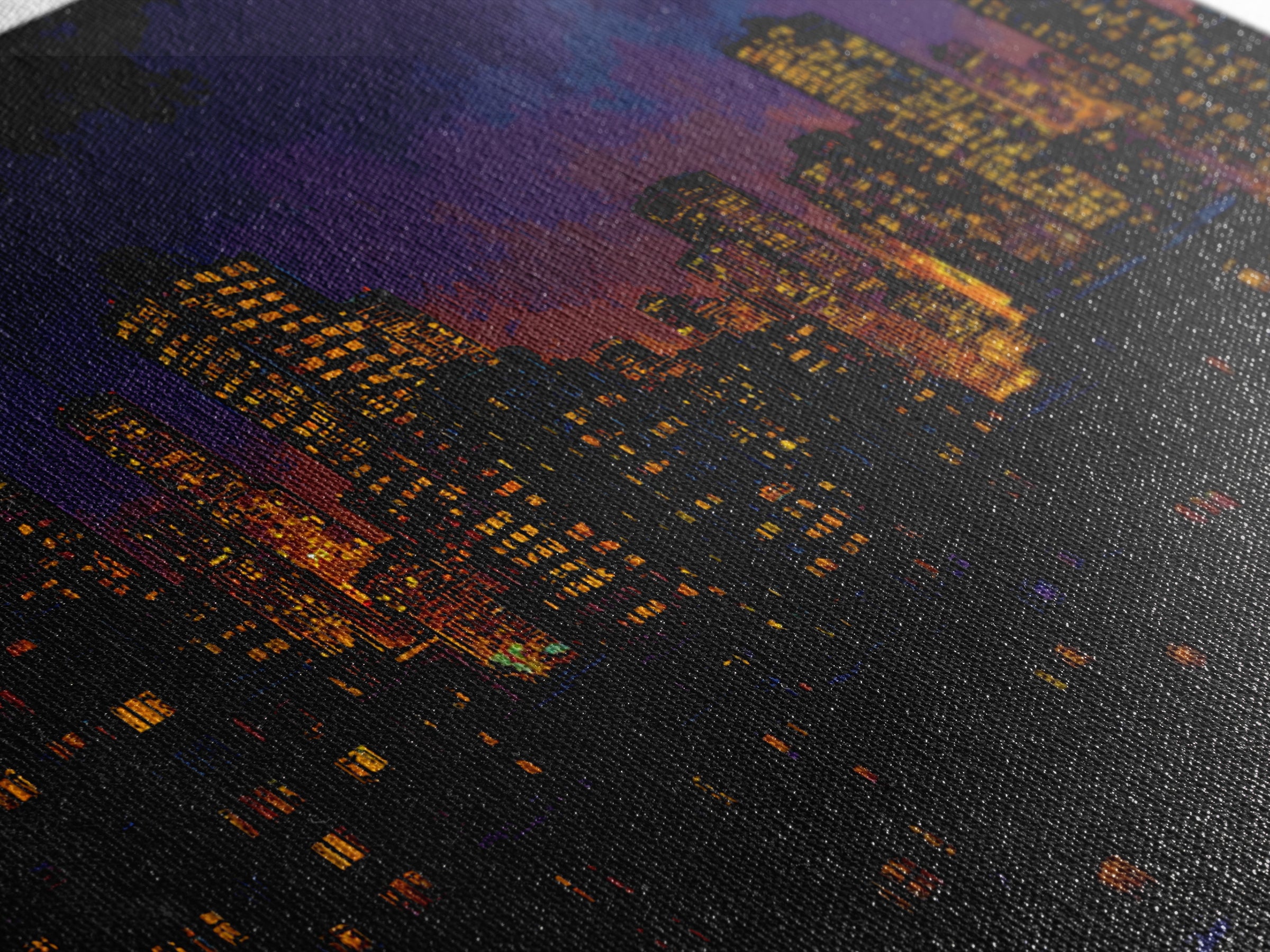 Purple City Skyline At Dusk Canvas Print, Urban Night Poster, Modern Wall Art, Retro Decor, Living Room Decor, Blue Art, Wall Decor