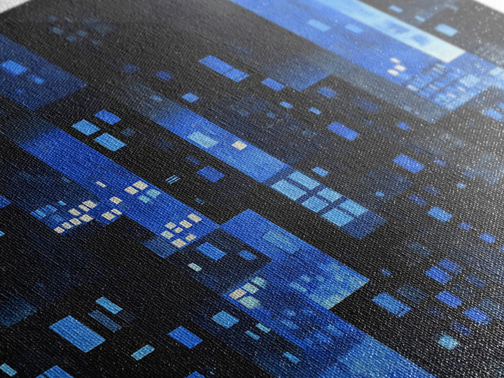 Moody Blue Abstract City Wall Art, Geometric Skyline Canvas Print, Modern Wall Decor, Office Decor, Living Room Art, Blue Art