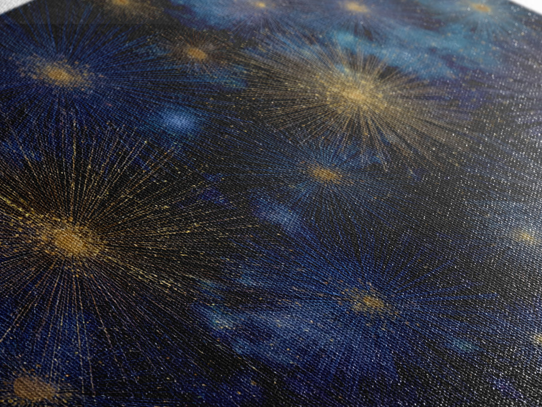 Blue Gold Cosmic Starburst Fireworks Canvas Print, Modern Abstract Art, Space Wall Art, Dark Navy Office Decor, Giclee Print