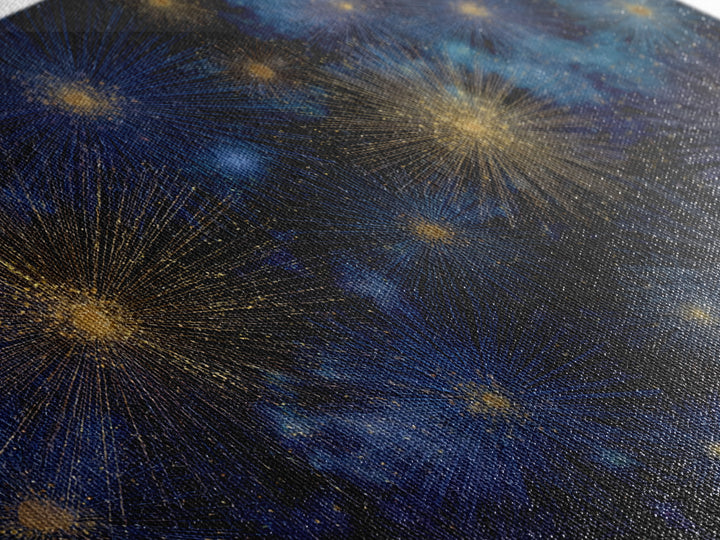 Blue Gold Cosmic Starburst Fireworks Canvas Print, Modern Abstract Art, Space Wall Art, Dark Navy Office Decor, Giclee Print