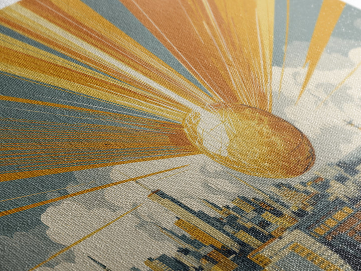 Golden Sphere Over Retro City Skyline Framed Canvas Print, Sunburst Wall Art, Midcentury Modern Decor, Futuristic Poster