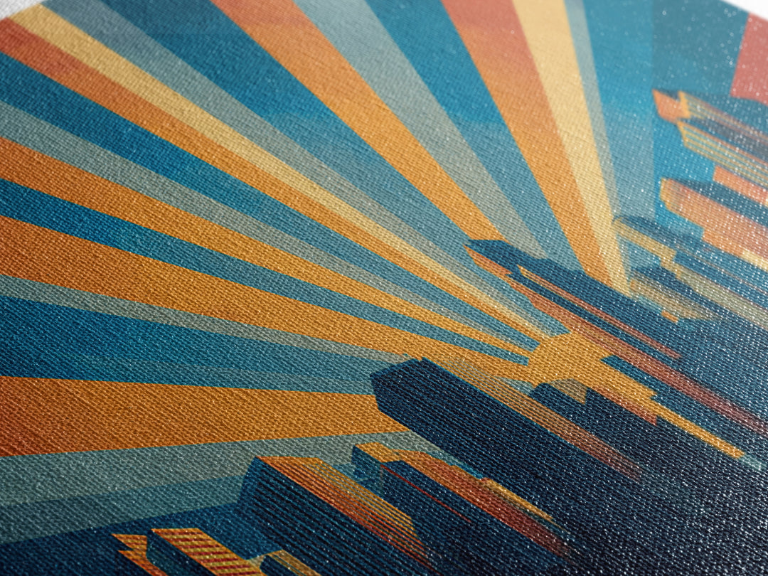 Retro City Skyline Sunrise Rays Wall Art, Midcentury Modern Poster, Urban Modern Art Print For Office And Living Room Decor