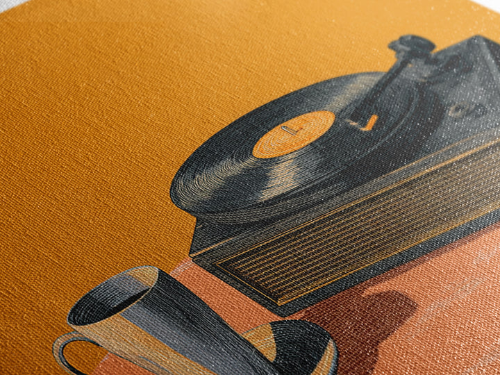 Retro Record Player With Coffee Canvas Print, Midcentury Modern Music Poster, Vinyl Turntable Wall Art, Orange Home Decor