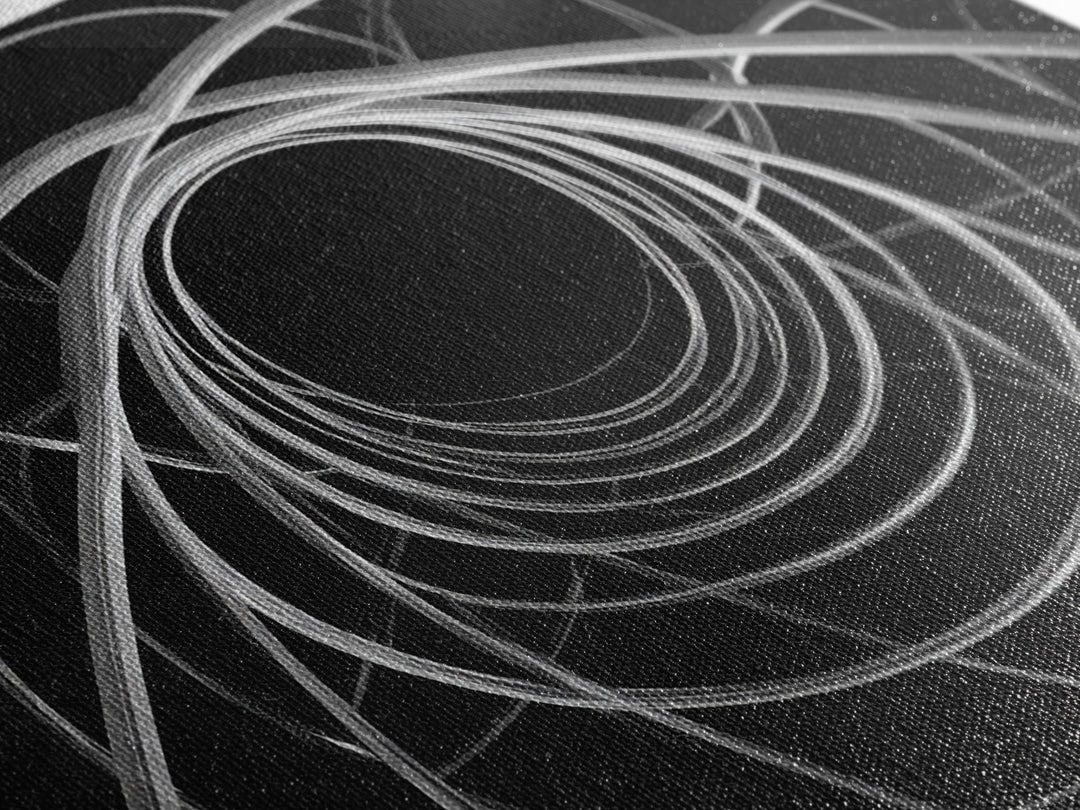 Black And White Orbital Vortex Wall Art, Modern Abstract Line Print, Monochrome Geometric Op Art For Statement Office Decor