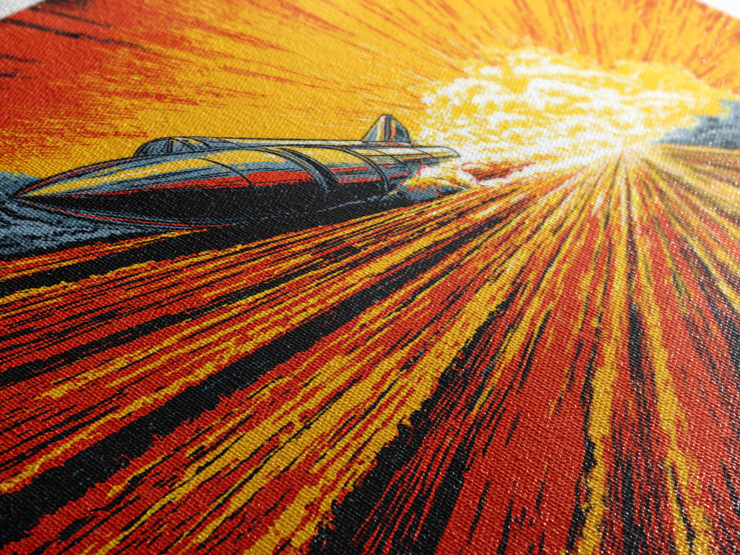 Retro Rocket Speeding Into Solar Burst Wall Art, Sci Fi Space Poster, Atomic Mid Century Modern Decor, Orange Comic Print