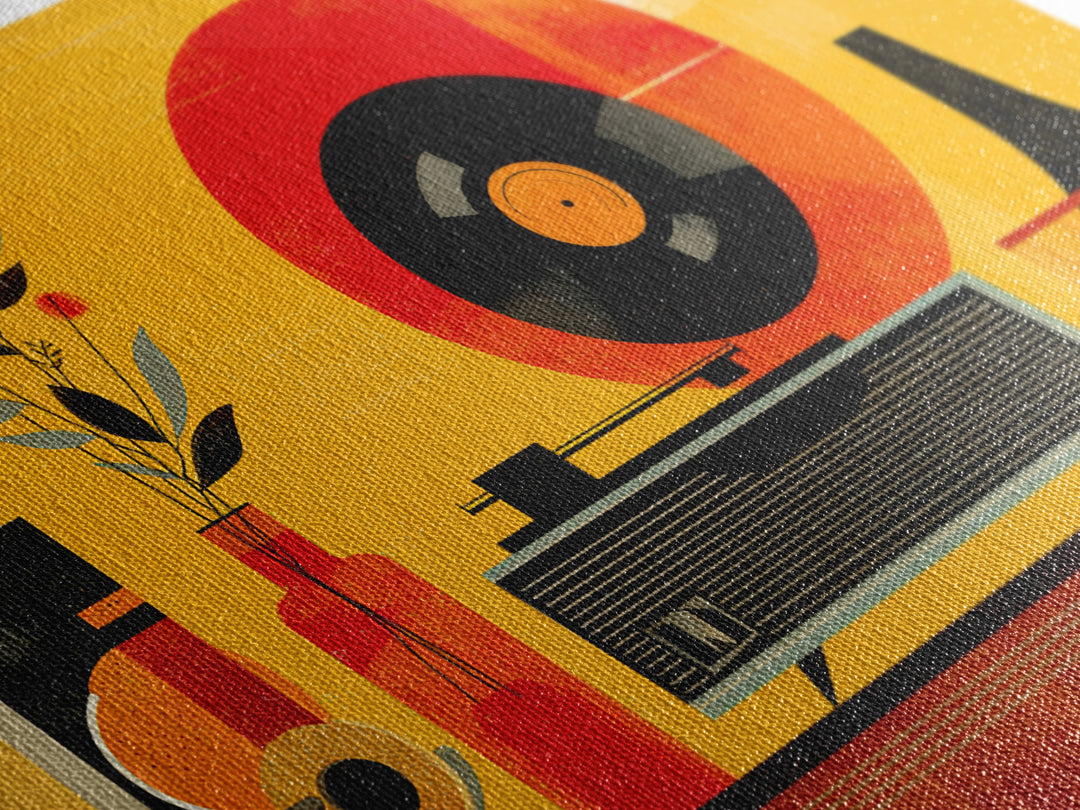 Bold Yellow Stereo And Red Vinyl, Mid Century Modern Canvas Print, Retro Music Room Wall Decor, MCM Record Player Poster