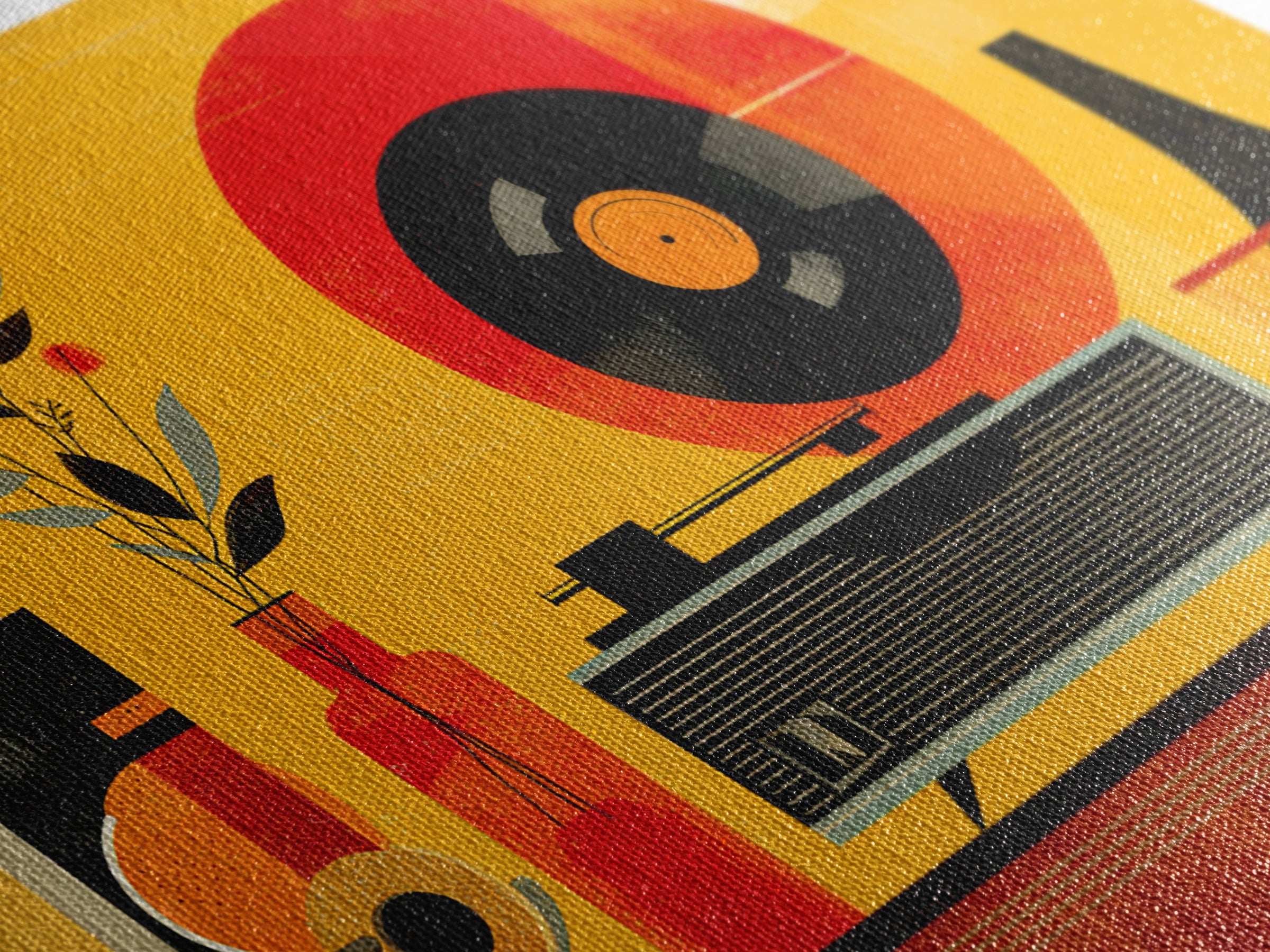 Bold Yellow Stereo And Red Vinyl, Mid Century Modern Canvas Print, Retro Music Room Wall Decor, MCM Record Player Poster