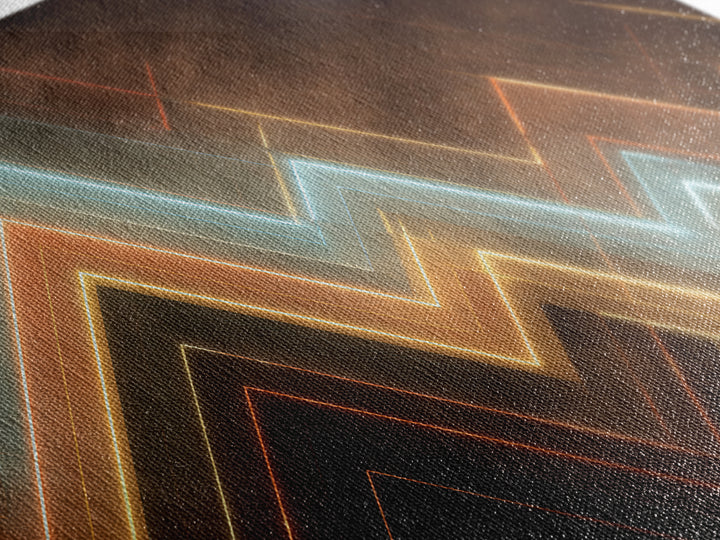 Glowing Neon Chevron Lines In Smoky Dark, Canvas Print, Geometric Wall Art, Modern Abstract Poster For Office Or Game Room