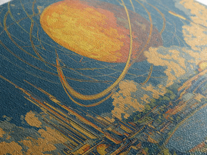 Ringed Planet Futurist City Wall Art, Midcentury Modern Sci Fi Poster, Retro Space Age Decor, Atomic Skyline Canvas Print