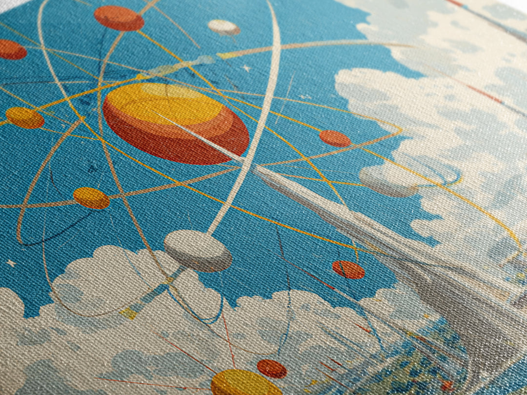Atomic Solar System Skyline Framed Canvas Print, Midcentury Modern Sci Fi Wall Art, Retro Space Age MCM City Decor Poster