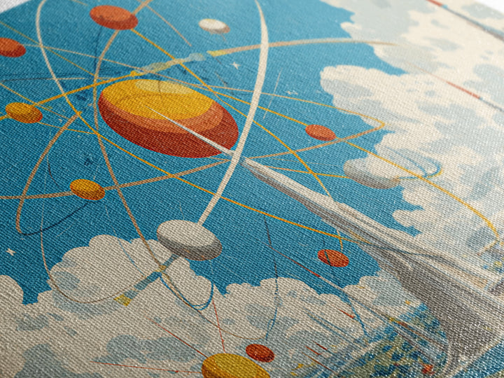 Atomic Solar System Skyline Framed Canvas Print, Midcentury Modern Sci Fi Wall Art, Retro Space Age MCM City Decor Poster