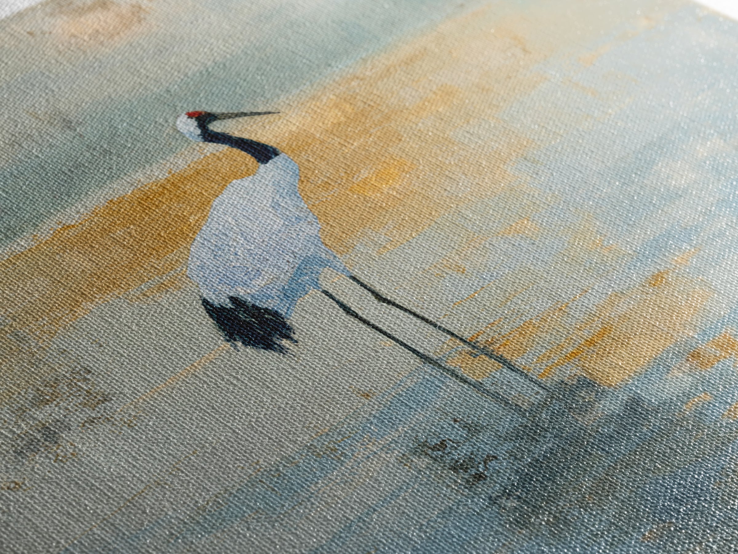 White Crane in Quiet Morning Mist Framed Canvas Print, Meditation Art, Art Print, Living Room Decor, Fine Art, Stillness, MED-1x1-40
