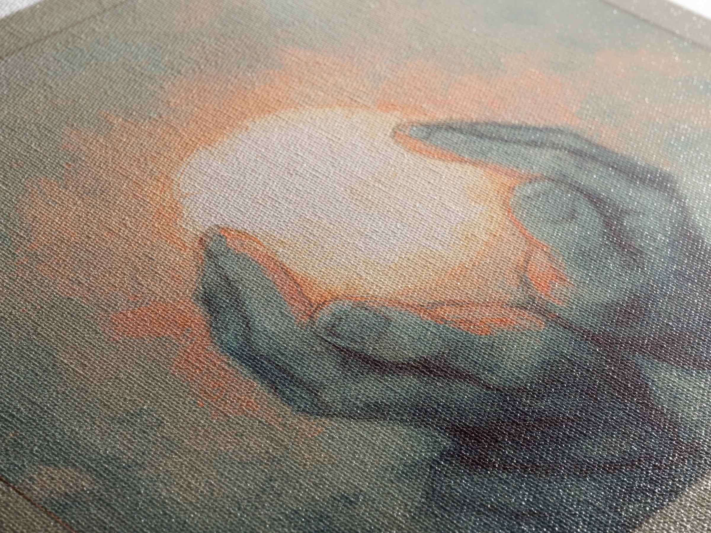 Hands Holding a Tiny Glowing Sun Canvas Print, Meditation Art, Contemporary Art, Living Room Decor, Fine Art, Stillness, MED-1x1-60