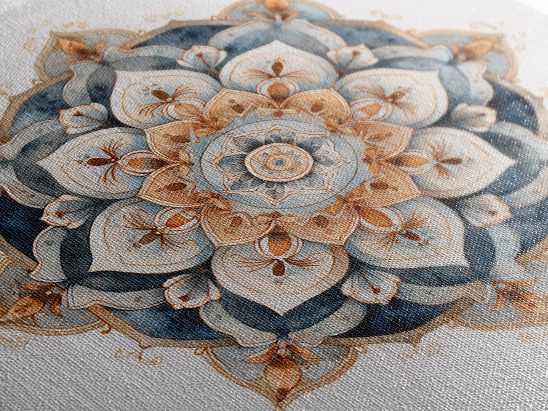 Mandala with Soft Gold and Indigo Symmetry Canvas Print, Meditation Art, Room Decor, Living Room Decor, Fine Art, Stillness, MED-1x1-98