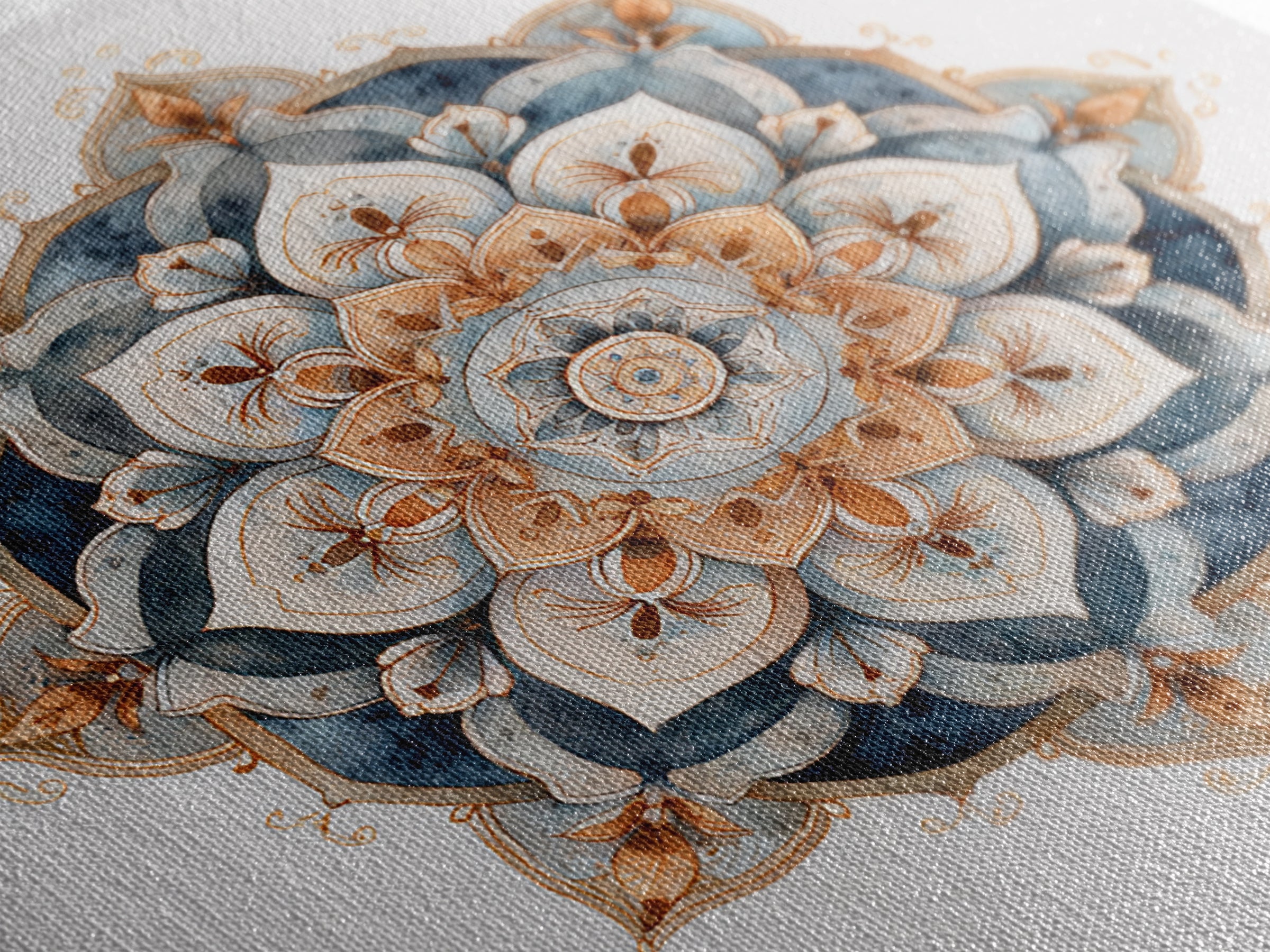 Mandala with Soft Gold and Indigo Symmetry Canvas Print, Meditation Art, Room Decor, Living Room Decor, Fine Art, Stillness, MED-1x1-98