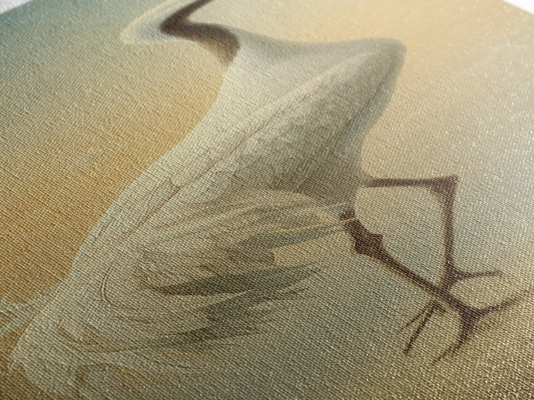White Crane in Quiet Morning Mist Canvas Print, Meditation Art, Yoga Wall Art, Living Room Decor, Fine Art, Stillness, MED-1x3-100
