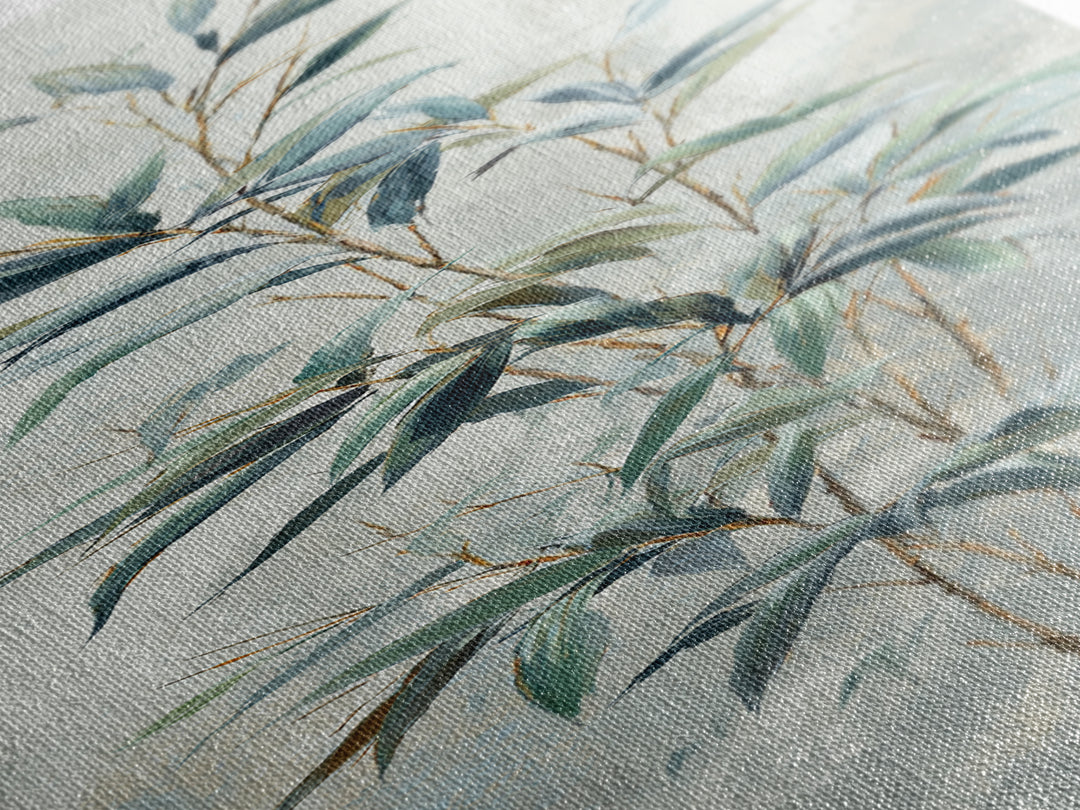 Bamboo Leaves in Gentle Ink Wash Framed Canvas Print, Meditation Art, Gallery Decor, Living Room Decor, Fine Art, Stillness, MED-1x3-71