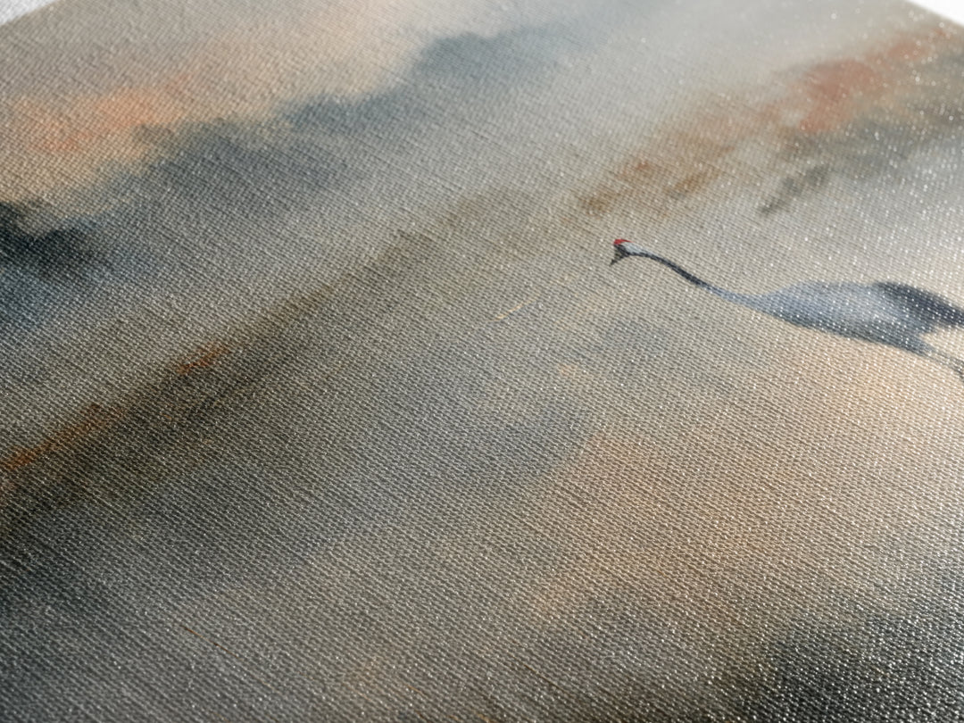 White Crane in Quiet Morning Mist Framed Canvas Print, Meditation Art, Canvas Art, Living Room Decor, Oil Painting, Stillness, MED-2x1-60