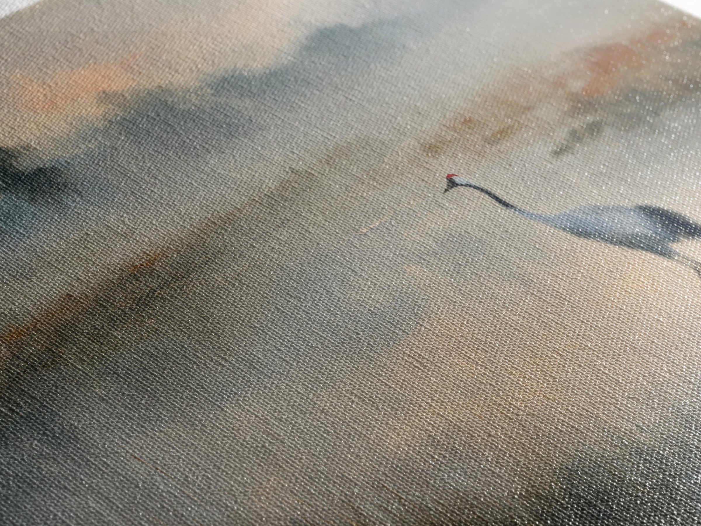 White Crane in Quiet Morning Mist Framed Canvas Print, Meditation Art, Canvas Art, Living Room Decor, Oil Painting, Stillness, MED-2x1-60