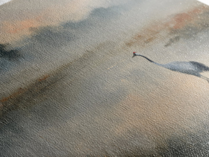 White Crane in Quiet Morning Mist Framed Canvas Print, Meditation Art, Canvas Art, Living Room Decor, Oil Painting, Stillness, MED-2x1-60