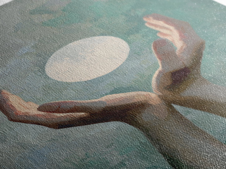 Hands Holding a Tiny Glowing Sun Framed Canvas Print, Meditation Art, Living Room Art, Living Room Decor, Fine Art, Stillness, MED-2x3-68