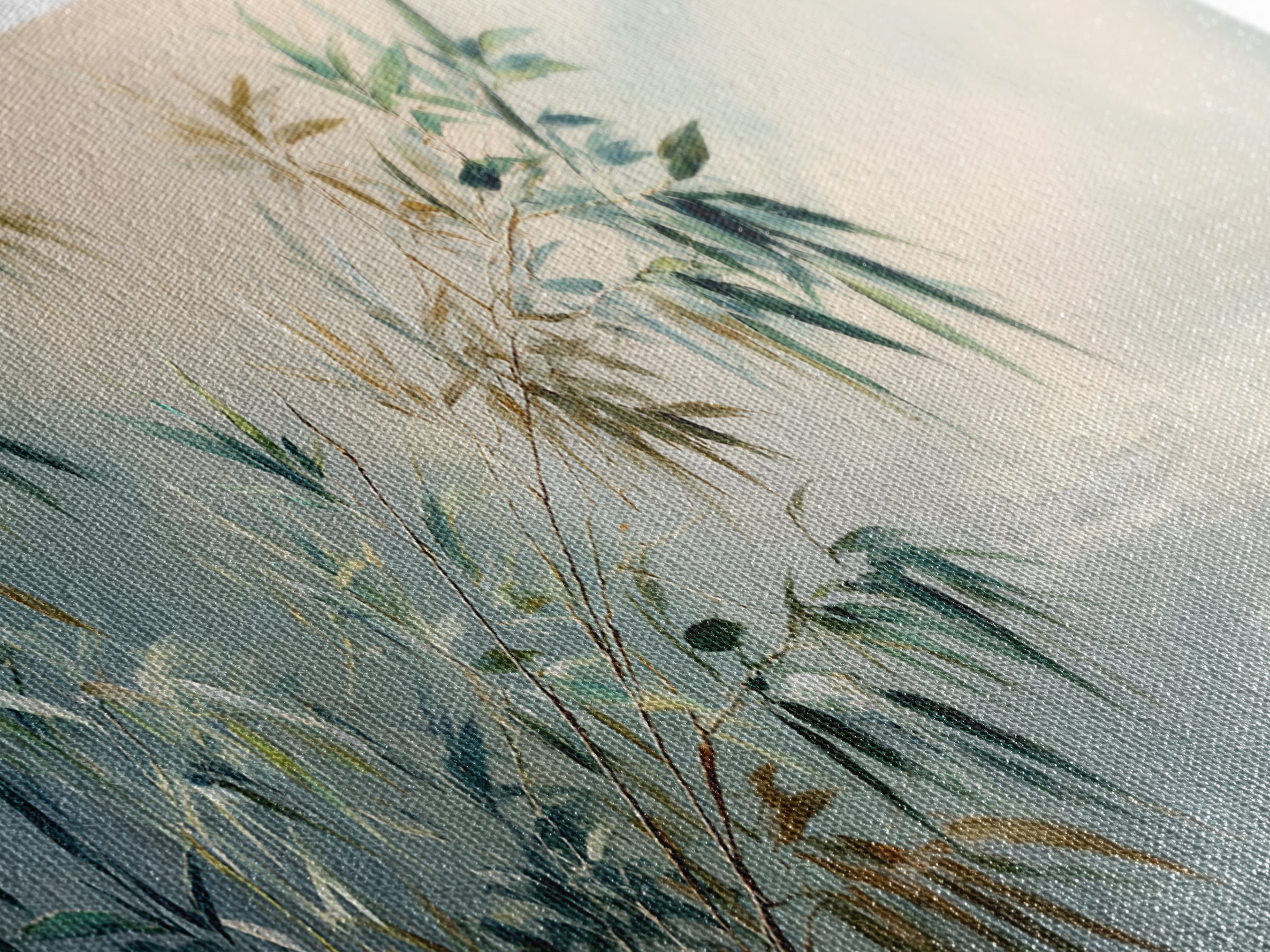 Bamboo Leaves in Gentle Ink Wash Canvas Print, Meditation Art, Floral Wall Art, Living Room Decor, Fine Art, Stillness, MED-3x1-75