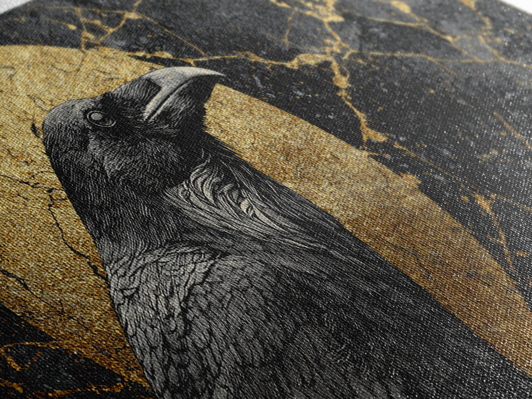 Raven Gold Canvas Print, Dark Bird Art With Lunar Circle Design, Real Wood Frame Wall Décor, Mystical Gothic Nature Artwork