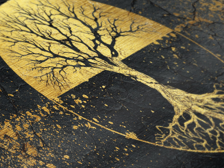 Mystical Roots Tree Metallic Gold Art, Sacred Nature Symbol Metal Print, Real Wood Frame Wall Décor, Spiritual Mythical Decorative Artwork