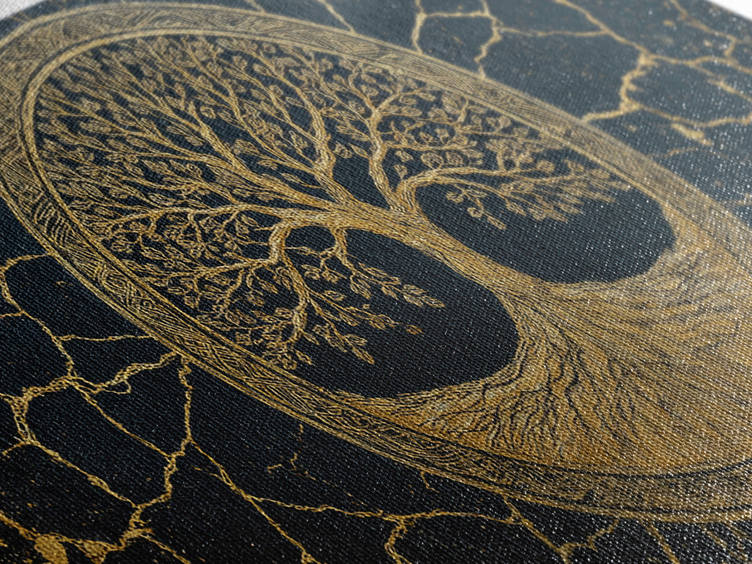 Tree Of Life Circle Gold Canvas Print, Sacred Geometry Wall Art, Norse Yggdrasil Artwork, Real Wood Frame Decor