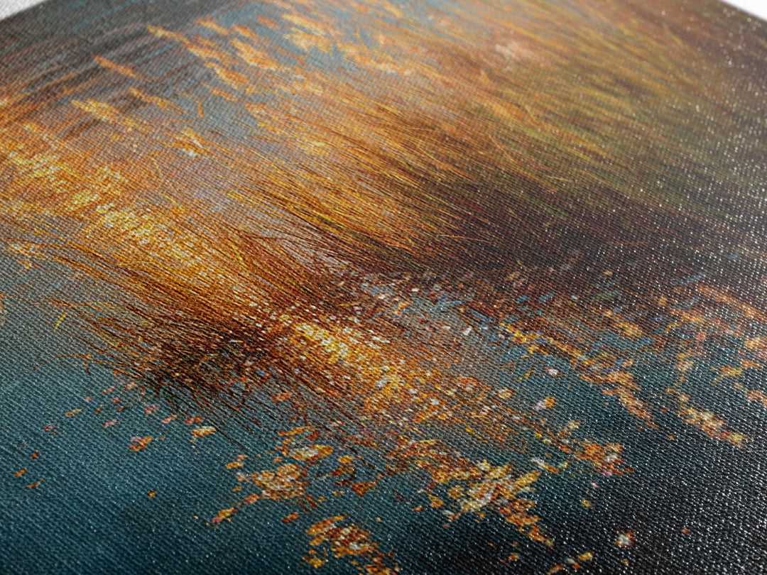 Golden Reeds Gold Canvas Art, Sunset Water Reflection With Grass Canvas Print, Real Wood Frame Wall Décor, Serene Nature Inspired Artwork