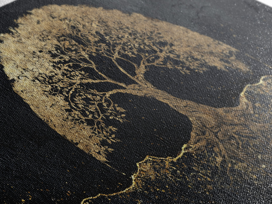 Sacred Tree Gold Canvas Art, Symbolic Roots And Branches Canvas Print, Real Wood Frame Wall Décor, Mystical Spiritual Nature Artwork
