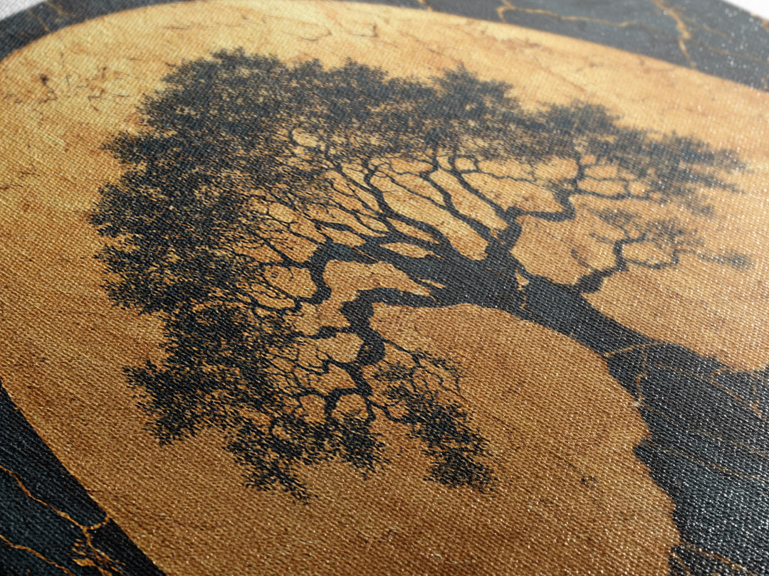 Golden Horizon Tree Gold Canvas Print, Majestic Nature Symbol Artwork, Real Wood Frame Wall Décor, Sacred Celestial Inspired Art