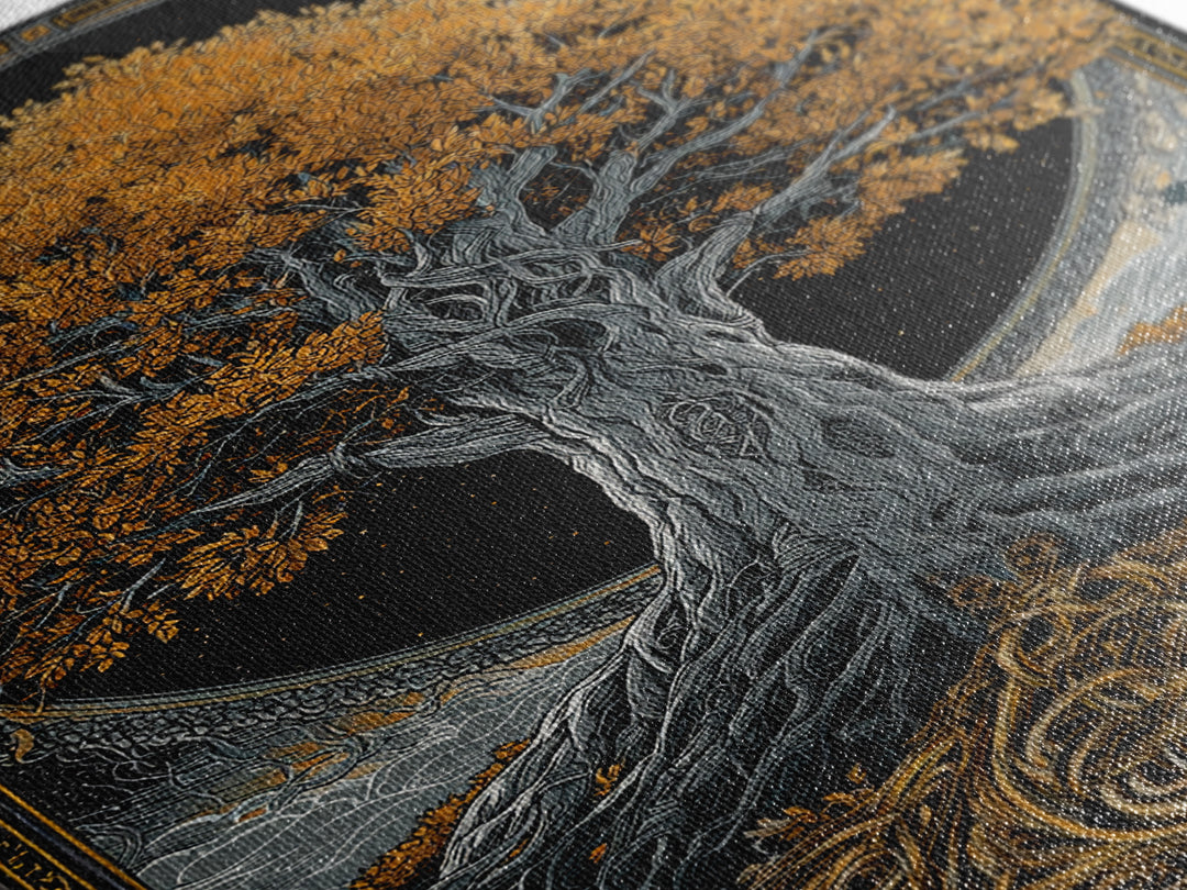 Yggdrasil Tree Gold Canvas Print, Norse Mythology Art On Canvas, Real Wood Frame Wall Décor, Sacred Viking Symbol Artwork